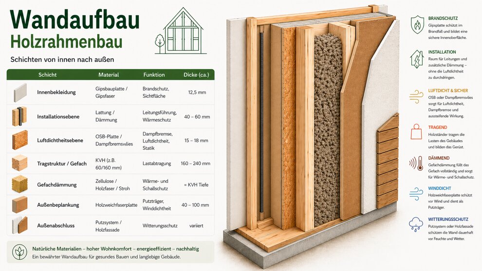 Infografik: Wandaufbau Holzrahmenbau